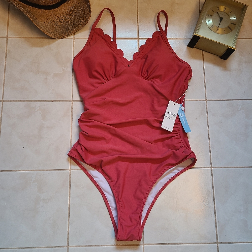 Dark Coral Scallop Trimmed One Piece Swimsuit